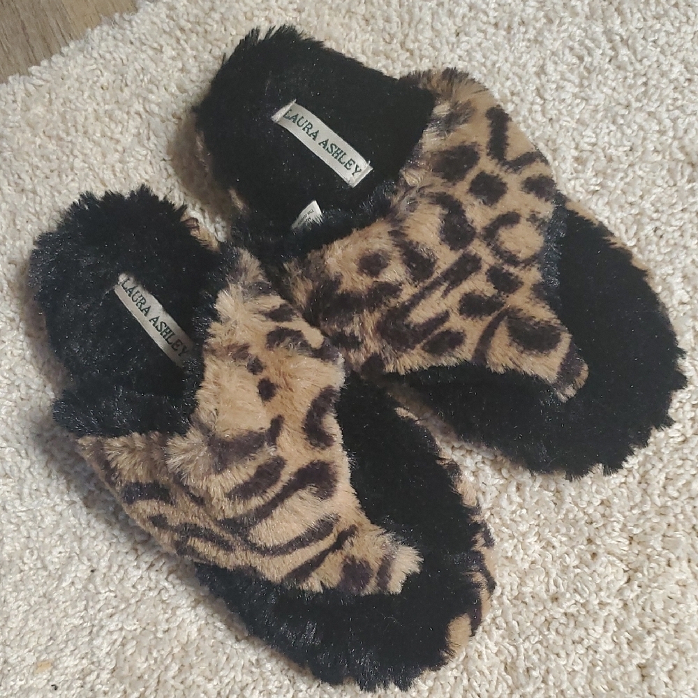Laura Ashley Leopard Print Fuzzy Slippers